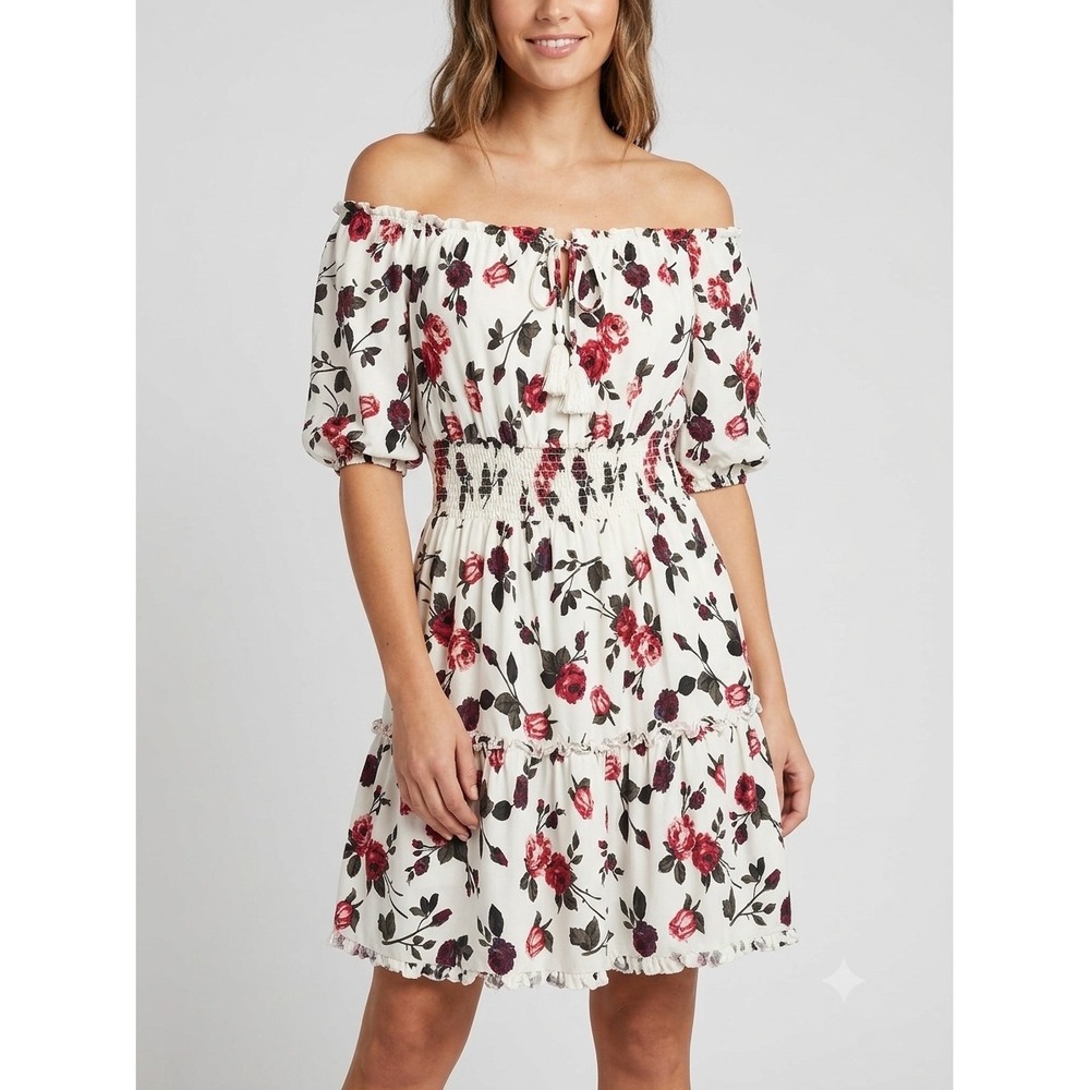 Romantic BoHo Justify Floral Off Shoulder Mini Dress Red Rose Smocked Tassel